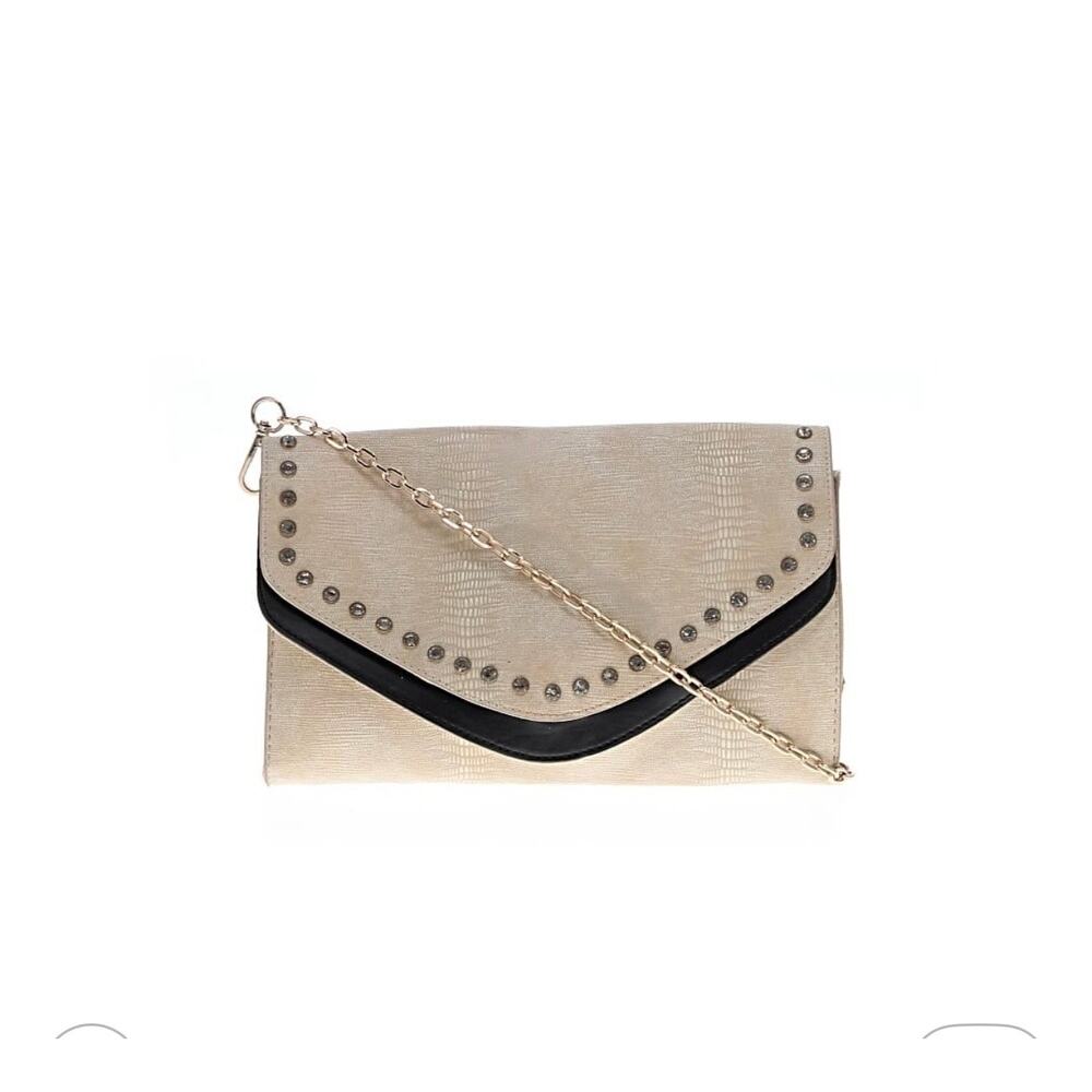 Champagne Snake Embossed Studded Envelope Crossbody Clutch Bag Gold Chain